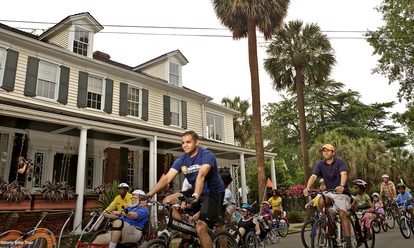 Cyclists biking in downtown Columbia.